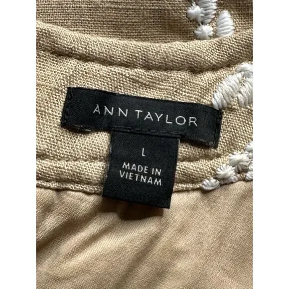 Ann Taylor Palm Embroidered Button Back Halter Tan Top, Size Large - Picture 13 of 16